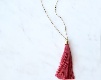 Dark Red Tassel Necklace on Long Chain