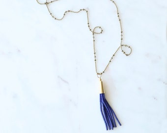 Dark Blue Tassel Necklace, Long Tassel Necklace, Long Bead Tassel, Seed Bead Necklace, Simple Tassel Necklace, Boho Tassel Necklace, Single