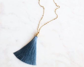 Blue Tassel Necklace, Silk Tassel Necklace, Long Necklace, Boho Tassel Jewelry, Simple, Gold, Gift for Mom, Boho Tassel Necklace, Minimalist