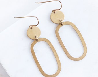 Modern Oval Dangle Earrings • Natural Gold Colored Brass