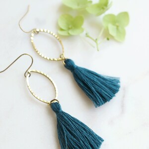 Montana Blue Tassel Earrings, Teal Blue Fringe and Gold, Brass Dangle Earrings, Spring and Summer Colors, Oval Dangles, Work Jewelry