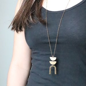 Long Brass Statement Necklace with U Shaped Pendant Big Gold Colored Pendant Necklace, Modern Boho necklace