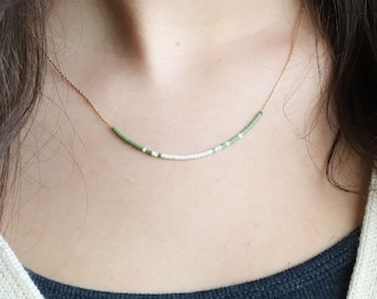 Gold Necklace with Tiny Green Seed Beads | Gold Filled Chain | 18 Inches