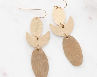 Long Brass Dangle Earrings with Ovals and Crescents | Hammered Brass