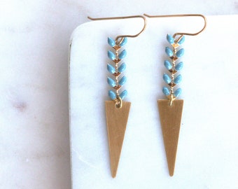 Brass Triangle Dangle Earrings on Chevron Enamel Chain | Dusty Blue