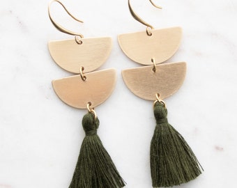 Long Dark Green Tassel Earrings with Gold Colored Brass | Dark Olive Green