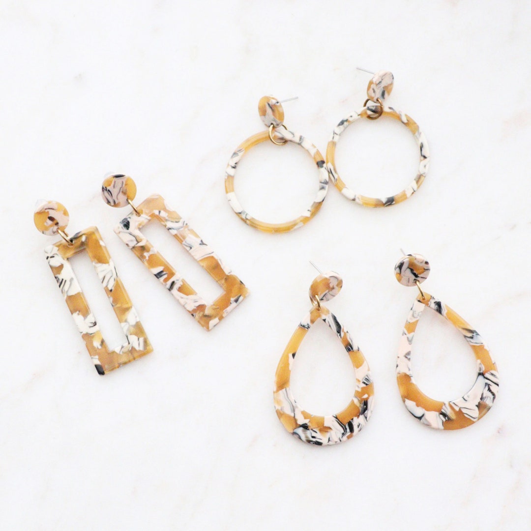 Yellow Acrylic Earrings, Resin Dangle Earrings, Geometric Resin