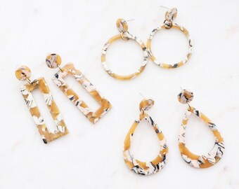 Yellow Acrylic Earrings, Resin Dangle Earrings, Geometric Resin Earrings, Long, Statement Earrings, Gold and Gray Acetate Earrings, Retro