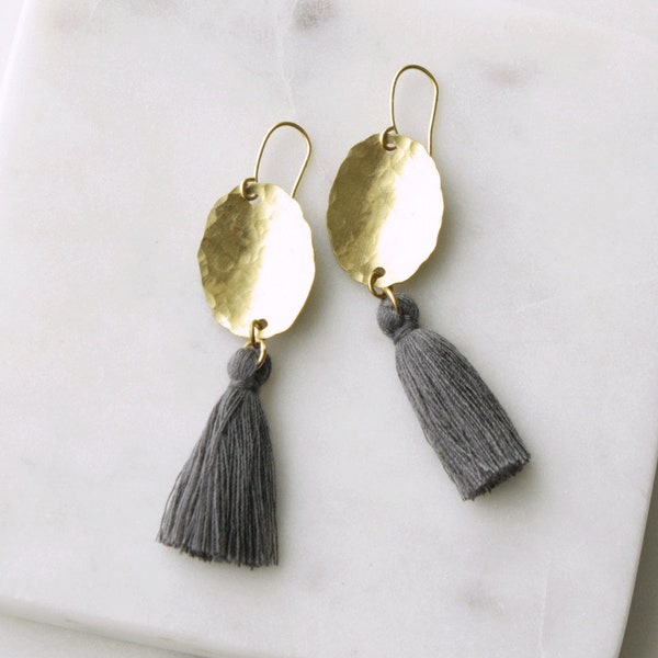 Gray Tassel Earrings, Tassle Earrings, Hammered Brass Earrings, Gray Dangle Earrings, Gray fringe Earrings, Boho Tassel Earrings, Brass