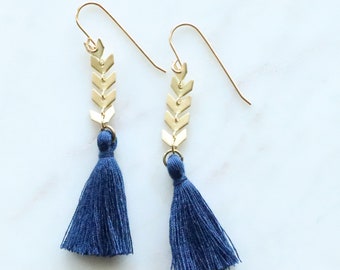 Tassel Earrings Blue, Gold, Dainty Tassel Earrings, Tassle Earrings, Gold Dangle Earings, Navy Tassel Earrings, gift for her, Mothers Day