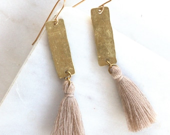 Tassel and Bar Earrings | Gold Colored Brass Rectangle and Tan Tassel Light Taupe Tan