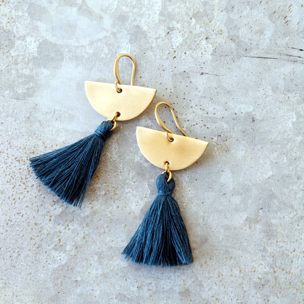 Blue Tassel Earrings | Teal Tassel Earrings | Brass Earrings | Gold Tassel Earrings | Blue Fringe Earrings | Bohemian Earrings, Semicircle
