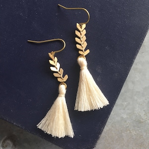 Tassel Earrings Gold and Off White Dangles image 3