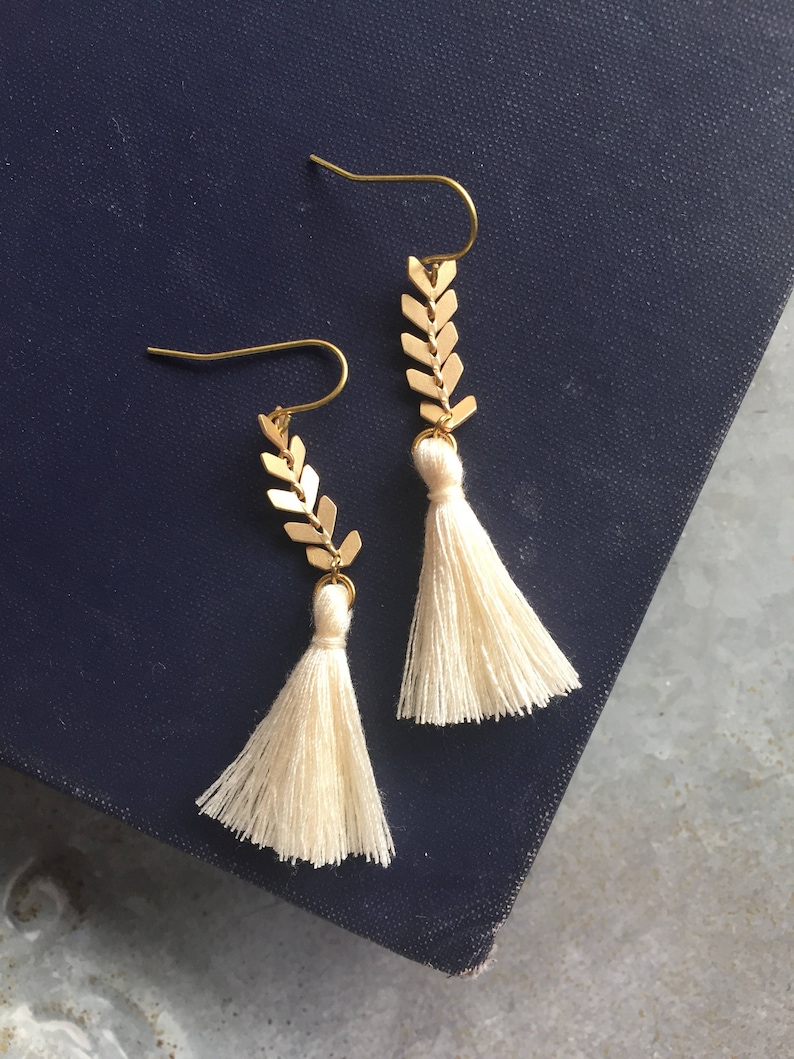 Tassel Earrings Gold and Off White Dangles image 3