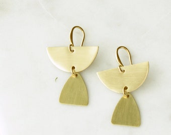 Semicircle Dangle Earrings, Brass Teardrop Earrings, Brass Half Circle Earrings, Gold Minimalist Earrings, Gold Tribal Earrings, Geometric