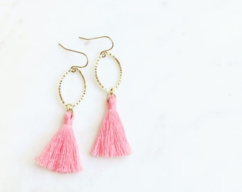 Coral Pink Tassel Earrings, Pink fringe  and Gold Earring Brass Dangle Earrings, Easter Earrings, Oval and Tassel Earring, Jewelry for Work