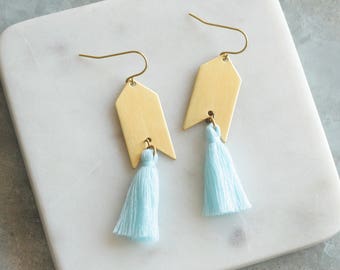 Tassel Earrings Aqua Tassel Earrings, Long Earrings, Arrow Earrings, Aqua and Gold Earrings