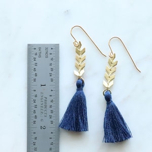 Tassel Earrings Blue, Gold, Dainty Tassel Earrings, Tassle Earrings, Gold Dangle Earings, Navy Tassel Earrings, gift for her, Mothers Day image 2