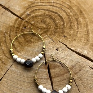 Hoop Earrings, Smoky Quartz Earrings, Hoops with beads, Bohemian Earrings, Big Hoop Earrings, Gray, Cream, Gold Beads, Brass Hoop Earrings image 2