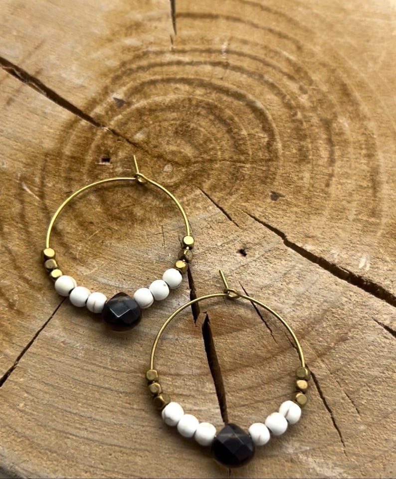 Hoop Earrings, Smoky Quartz Earrings, Hoops with beads, Bohemian Earrings, Big Hoop Earrings, Gray, Cream, Gold Beads, Brass Hoop Earrings image 2