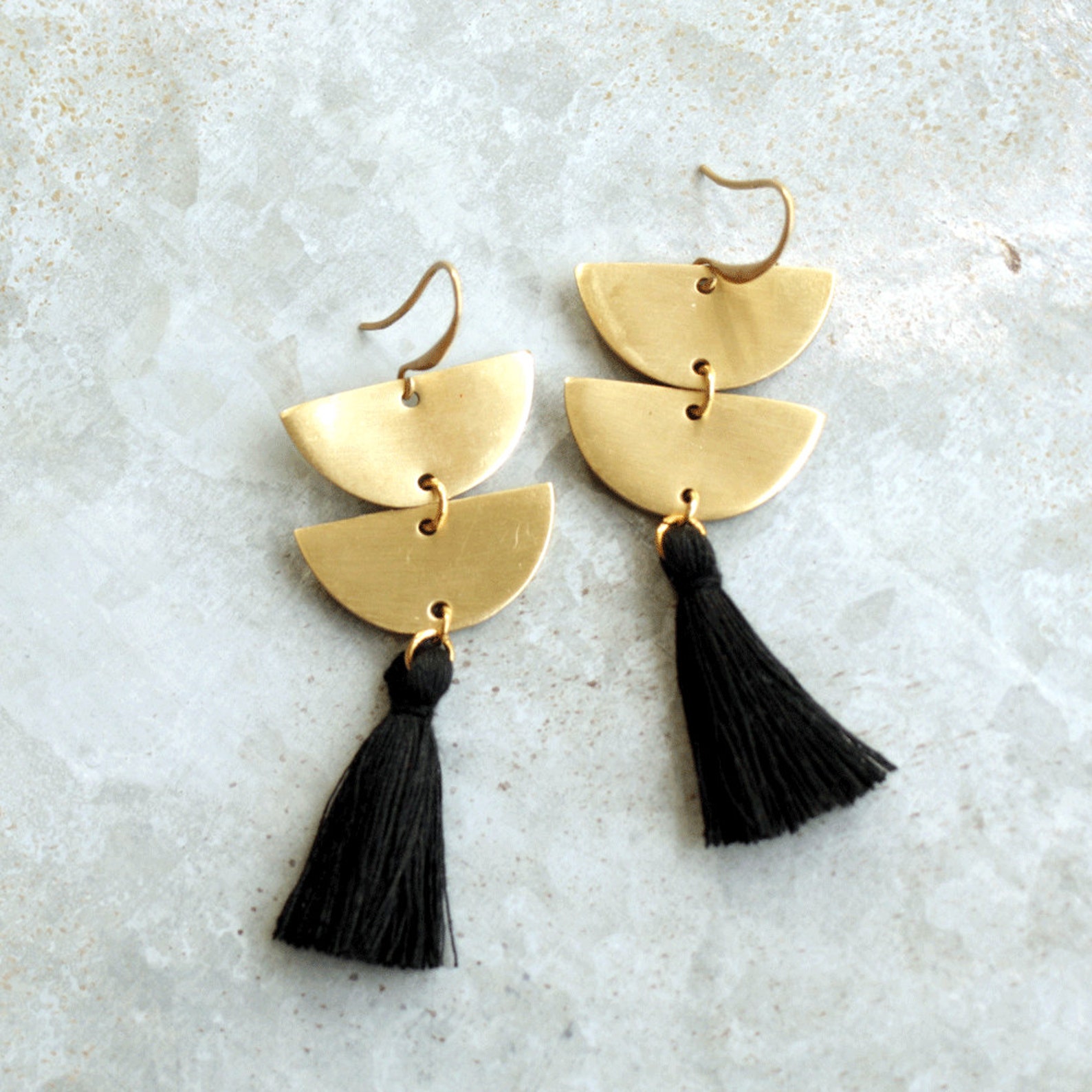 Long Black Tassel Earrings Brass Crescent Earrings Semi Etsy