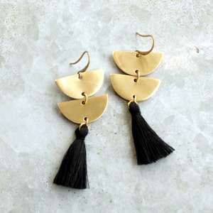 Long Black Tassel Earrings, Brass Crescent Earrings, Semi Circle Earrings with Tassels, Black Fringe Earrings, Half Circle Earrings