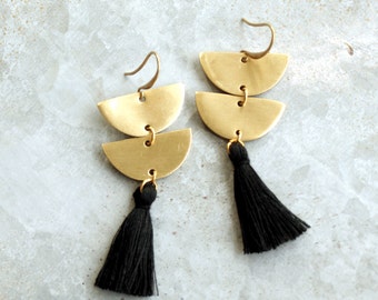 Long Black Tassel Earrings with Gold Colored Brass