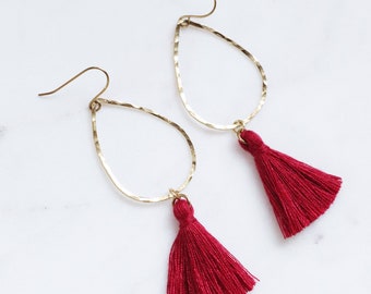 Dark Wine Red Christmas Earrings with Tassels