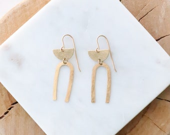 Brass Arch Dangle Earrings, Hammered Boho Style