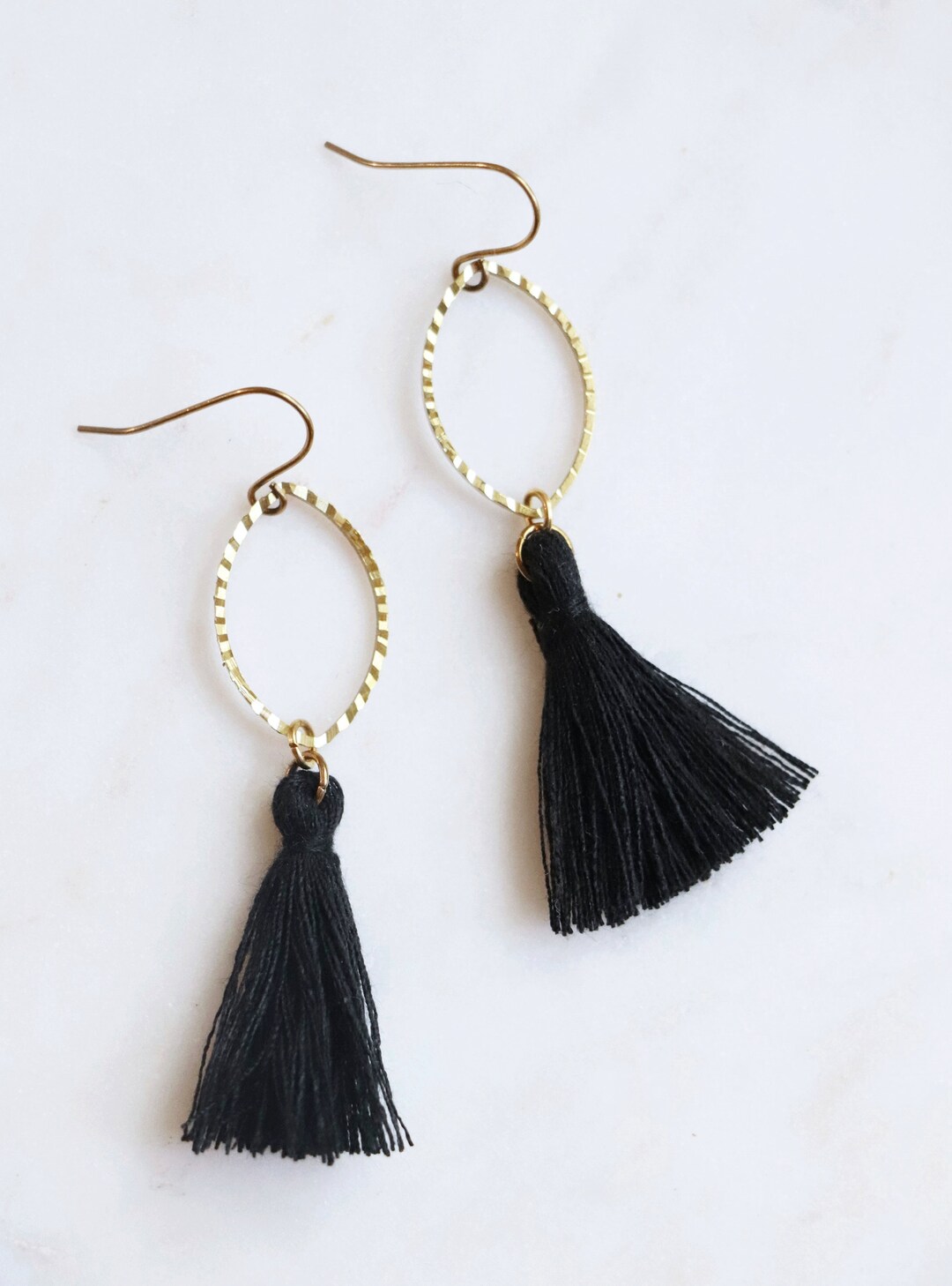 Black Tassel Earrings on Sparkly Golden Brass Oval - Etsy