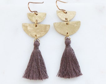Two Tier Tassel Earrings | Brass Semicircle Earrings With Tassels | Boho Tassel Jewelry