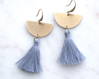 Tassel Dangle Earrings | Light Winter Blue and Gold Brass