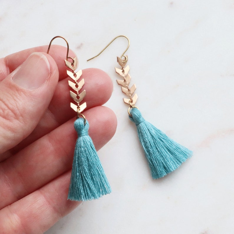 Sky Blue Tassel Earrings, Gold Dangle Earrings, Sky Blue Earrings, Sky Blue Jewelry, Gold Dangle Earrings, gold arrow, Chevron, gift for her image 2