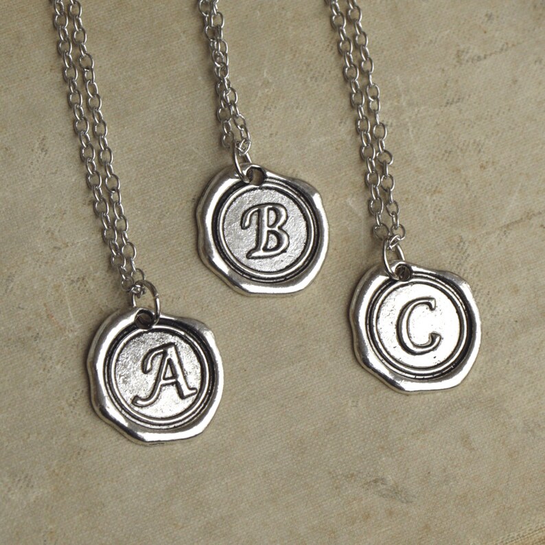Silver Monogram Necklace, Letter Pendant, Name Necklace, Wax Seal Letter Necklace, Best Friend Necklaces image 1