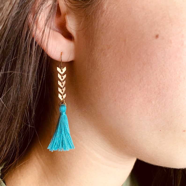 Sky Blue Tassel Earrings, Gold Dangle Earrings, Sky Blue Earrings, Sky Blue Jewelry, Gold Dangle Earrings, gold arrow, Chevron, gift for her image 3