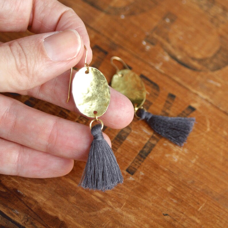 Gray Tassel Earrings Hammered Brass With Gray Silk Tassel or Etsy