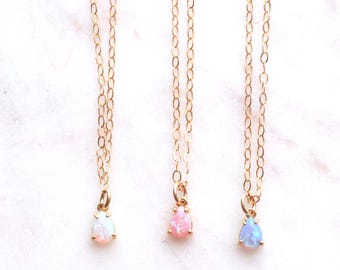 Tiny Opal Necklace | Pink, White, Blue Opal Stones | 14k Gold Filled Chain | 16 inches