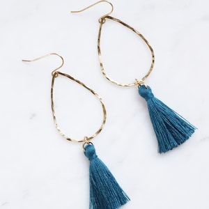 Tassel Earrings, Blue Tassel Earrings, Big Teardrop Earrings, Gold Teardrop Earrings, Teardrop Dangle Earrings, Tassel Dangle Earrings, long