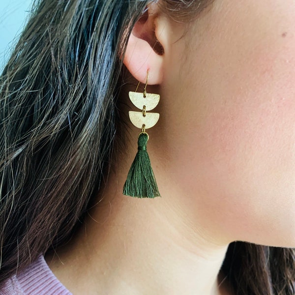 Green Tassel and Gold Dangle Earrings, Small Tassel Earrings, Brass Dangle Earrings, Green Tassel Earrings, Semicircle earrings, Tassle