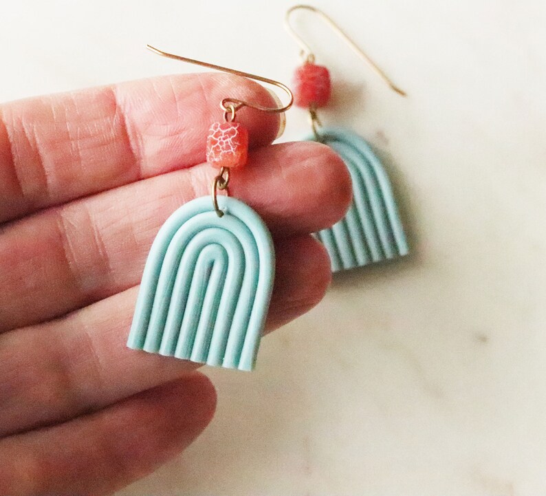 Rainbow Dangle Earrings, Blue Dangle Earrings, Geometric, Arch, Boho Earring, Rainbow Statement Earrings, Drop Earrings, Orange Agate, Gift