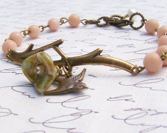 Bird Bracelet with Peach Beads and Vintage Brass Branch | Summer Jewelry