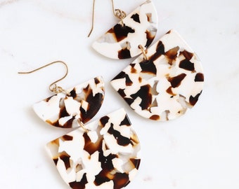 Big Retro Dangle Earrings | Neutral Earth Tone Colors in Tortoise Shell Acrylic
