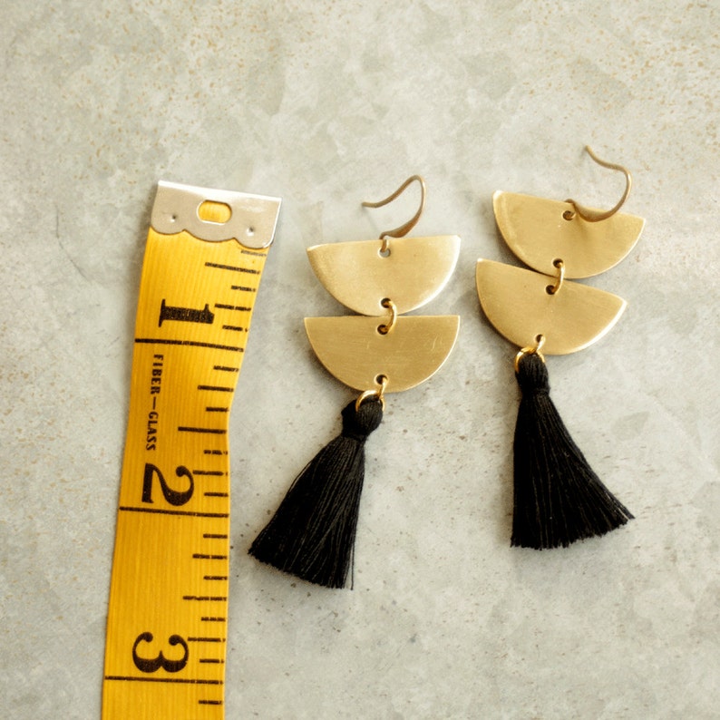 Long Black Tassel Earrings with Gold Colored Brass image 3
