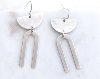 Silver Dangle Earrings With Semicircles and Arches | 1.75 Inches