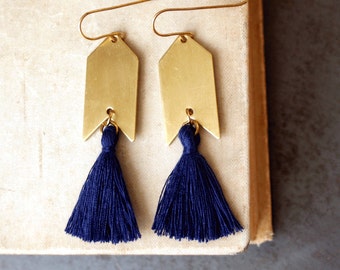 Blue Dangle Earrings, Navy Blue Tassel Earrings, Blue and Gold Earrings, Boho Earrings, Gold Arrow Earrings, Gift for Her, earrings for teen