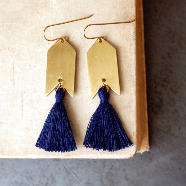 Pendientes Colgantes Azules, Pendientes Borla Azul Marino, Pendientes Azules Y Dorados, Pendientes Boho, Pendientes Flecha Dorada, Regalo Para Ella, Pendientes Para Adolescente