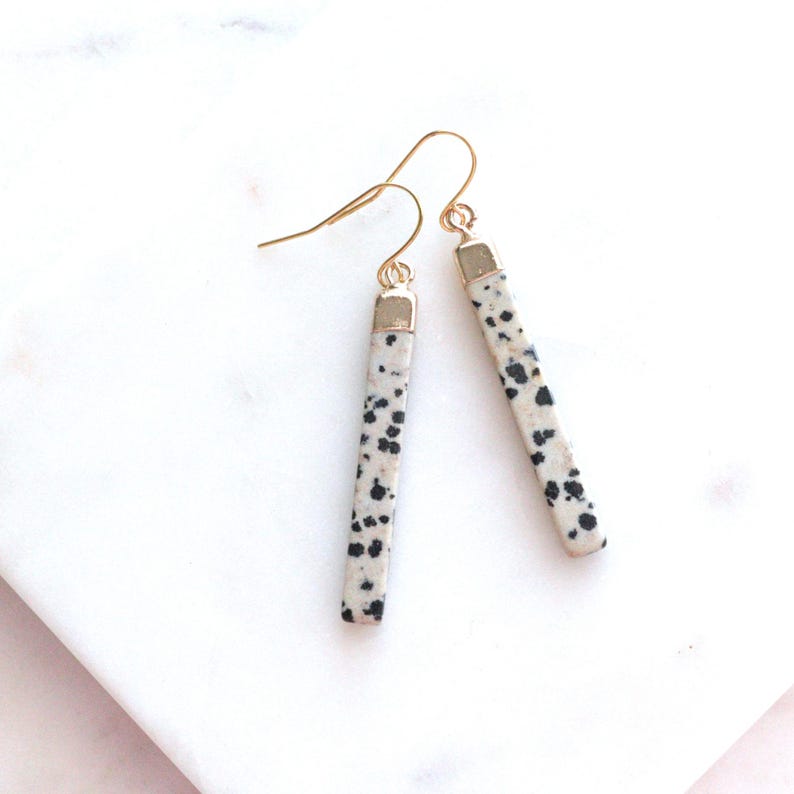 Slender Jasper stone bars dangle from natural brass ear wires. These simple, minimalist style earrings are perfect for everyday wear at work or out for the evening. the stone part measures about an inch and a half long.