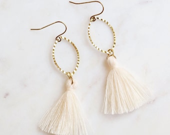 Cream and Gold Tassel Earrings, Off White Fringe Earrings, Sparkly Earrings, Oval and Ivory Tassel Earrings, Jewelry for Work, Neutral Color