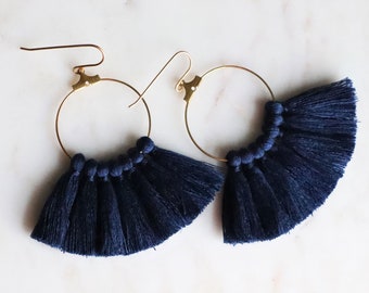 Navy Blue Tassel Earrings, Hoop Tassel Earrings, Large Dangle, Hoops with Tassels, Big Tassel Earrings, Tassle, Large earrings, Boho, Gift