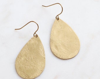 Big Brass Teardrop Earrings | Hammered Brass Dangles | 1.25 inches